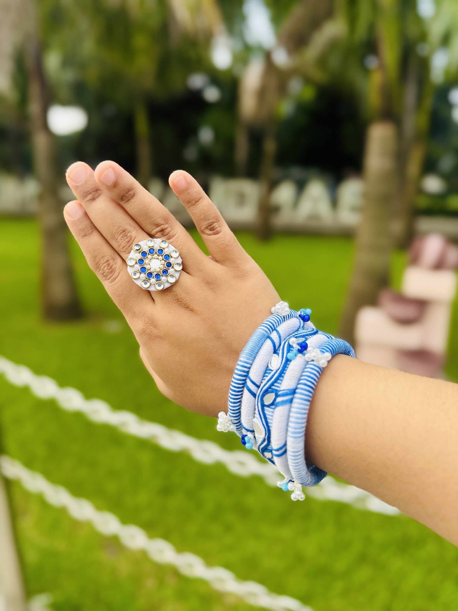 Blue handmade ring and bracelet set